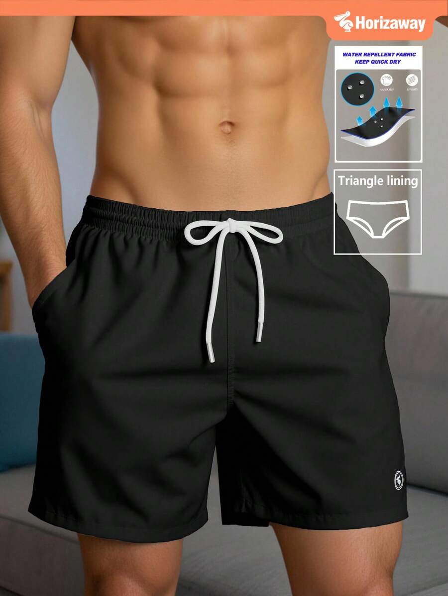 Horizaway Summer Men's Solid Color Casual Beach Shorts Mens Swimming Shorts Men Swim Shorts Black Swim Shorts Mens Board Shorts Men Black Swim Trunk - Black - View 1