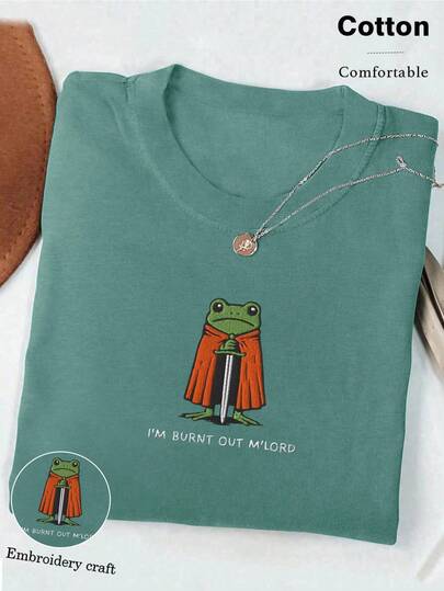 SHEIN I'm Exhausted, Old Master" T-Shirt, Funny Knight Frog T-Shirt, Embroidered Comfortable Colorful 1717 T-Shirt, Gamer T-Shirt, Renaissance Fair Gift Women T-Shirt