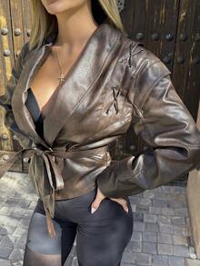 Mélanie ORL Women's Loose Fit Distressed Bomber Jacket, Mob Wife Style, Autumn/Winter  Fall Cloth For Women - Brown - View 5