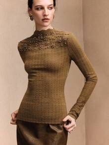 Arave Women's High-Elastic Velvet Lace Knit Fabric, Fitted Design With Structured Shoulders, Hand-Beaded Lace Trim, Elegant Date Top Elegant Fitted Round Neck Lace Long Sleeve Women T-Shirt Blouses For Women Party  Valentine's Day - Mustard Yellow - View 7