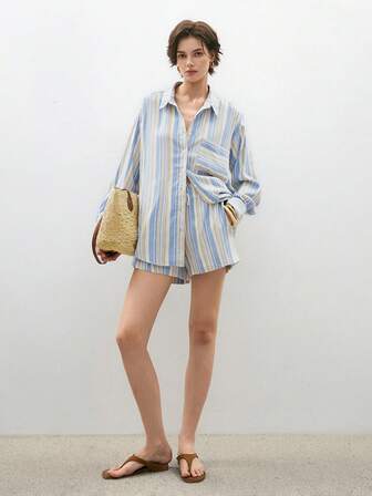 ATUI Studio Women Summer Fall Beach Vacation Striped Drop Shoulder Long Sleeve Single-Breasted Pocket Shirt And Shorts Casual Set,Vacation Outfits Woman,Business Casual Woman,Button Up Shirt Women,2 Peice Summer Outfits Women,Old Money Style Women