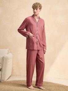 SHEIN 男士条纹翻领长袖单排扣上衣和裤子睡衣套装 - 彩色 - 查看 4