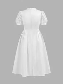 Firerie Kids Tween Girls Lace Puff Sleeve Waist Splice Dress, White, Elegant, Sweet, Cute, Fashion, Versatile, Suitable For Holidays And Parties - White - View 2