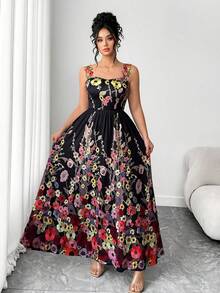 Elenzga Plus Size Women's Spaghetti Strap Dress, Elegant Lady Style Evening Gown, Waist Cinching, Slimming - Black - View 4