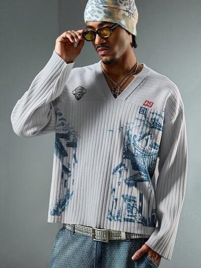 Street Life Herren blauer V-Ausschnitt Pullover mit architektonischem Linienmuster