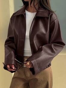 Livesso Women's Loose Casual Faux Leather Jacket, Regular Fit, Autumn/Winter