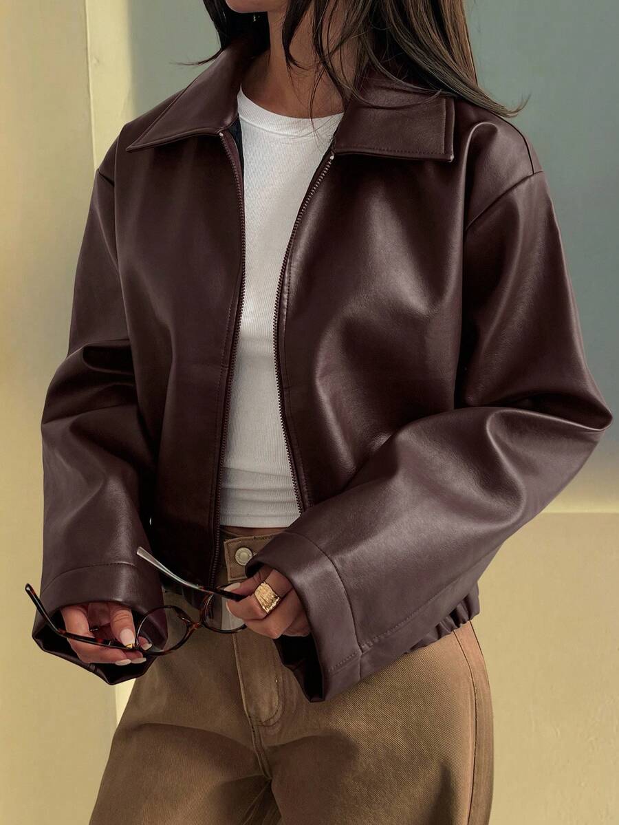 Livesso Women's Loose Casual Faux Leather Jacket, Regular Fit, Autumn/Winter