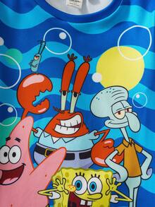 SpongeBob SquarePants | SHEIN Conjunto de pijama de niño pequeño con parte superior de manga larga con cuello redondo y leggings con estampado de dibujos animados, cómodo, para otoño - Azul - Ver 4
