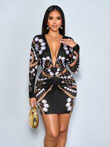 SOLERSUN Women's Winter Elegant V-Neck Inverted Pleated Long Sleeve Dress New Year Dress Thanksgiving Dress Christmas Dress Party Dress Music Festival Dress Prom Dress - Black - View 4