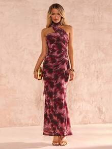 Glamine 网纱印花露背优雅度假风显瘦腰身女士中长连衣裙 - 黑色 - 查看 7