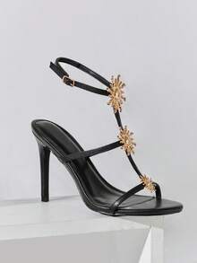 SHUZIA Sandalias de tacón alto con correa de tobillo de color negro, decoradas con adornos dorados, puntera abierta en forma de almendra, elegantes para primavera y verano, ideales para vacaciones - Negro - Ver 5