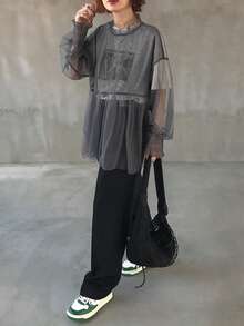 FRIFUL Women's Solid Gray Sheer Mesh Fabric Layered Loose Casual Versatile Blouse - Grey - View 2