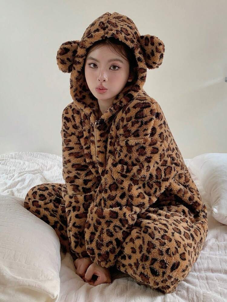 Dazy Plus Thermal Lined Leopard Print Hooded Loose Plus Size Women Jumpsuit Pajamas