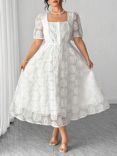 Elenzga Plus Size Women Square Neck Organza Floral Print Short Sleeve Dress