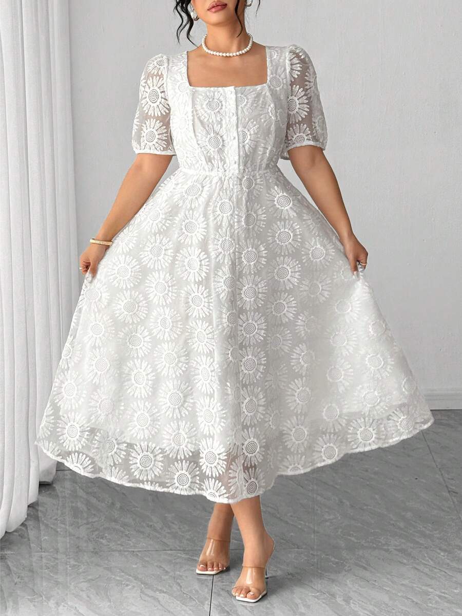 Elenzga Đầm ngắn tay cổ vuông in hoa bằng vải organza dành cho nữ cỡ lớn - trắng - Xem 1