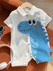 SHEIN Cute Cartoon Dinosaur Pattern Lapel Short Sleeve Romper Shorts, Casual & Versatile For Baby Boys & Girls, Spring/Summer - Blue and White - View 4
