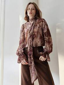 Aveloria Modichic Bohemian Print Chiffon Blouse With Tie Collar, Flared Sleeves, Long Sleeve Shirt - Multicolor - View 1