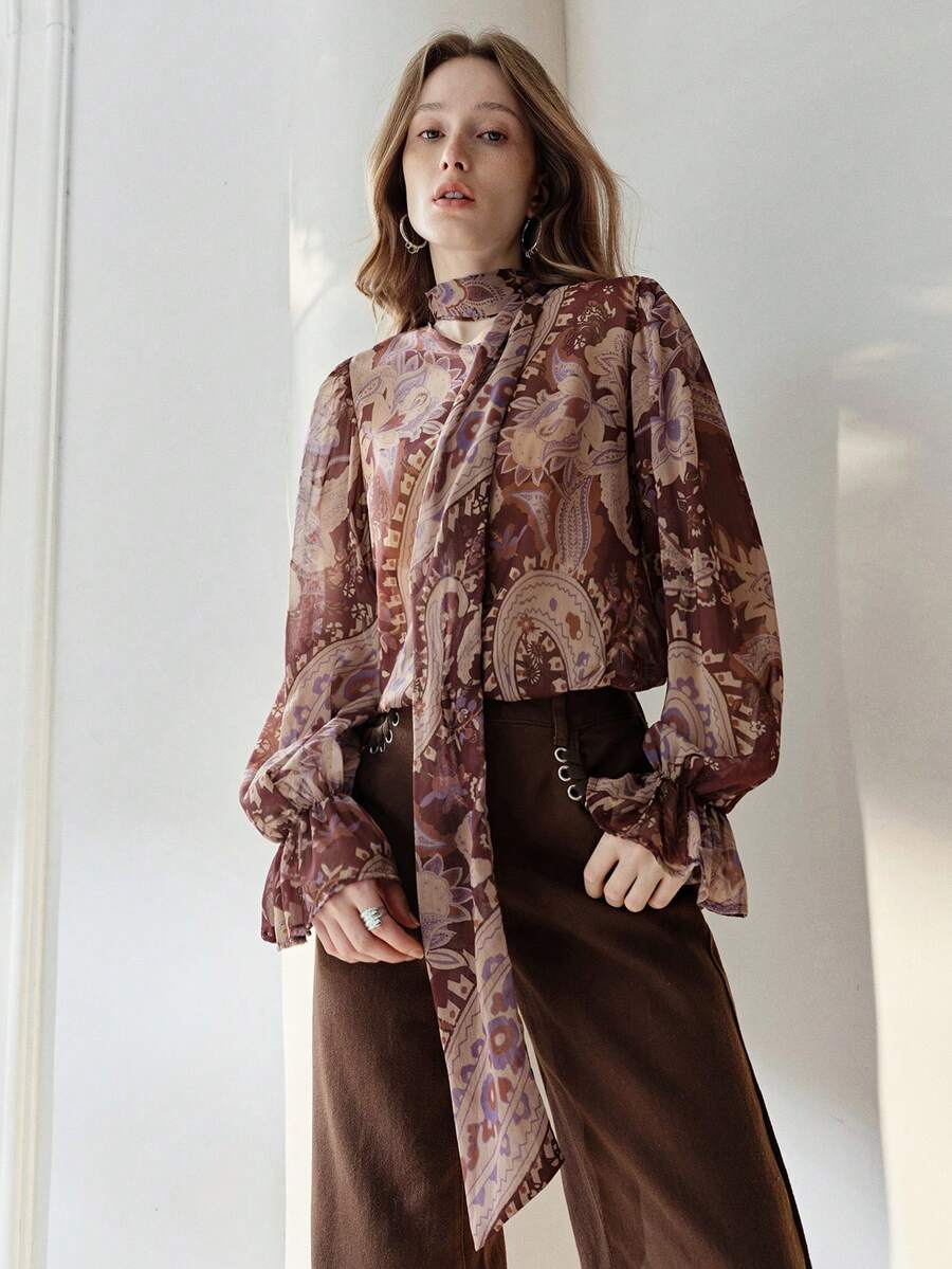 Aveloria Modichic Bohemian Print Chiffon Blouse With Tie Collar, Flared Sleeves, Long Sleeve Shirt - Multicolor - View 1