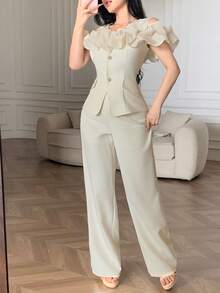Feyla Women's Solid Color Ruffle Trim Top And Pants Suit - White - View 4