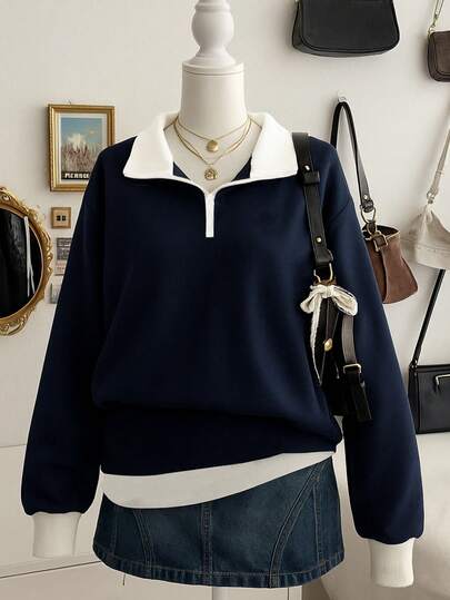 Lalippa Plus Size Color Block Drop Shoulder Loose Minimalist Fashion Sweatshirt