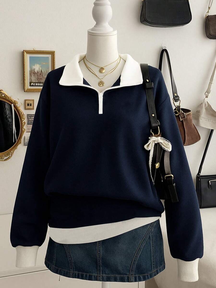 Lalippa Plus Size Color Block Drop Shoulder Loose Minimalist Fashion Sweatshirt