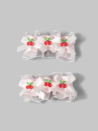 Anime 2 Pieces Cute Cherry Lace Hairpins, Lolita Handmade Bow Duckbill Clips, Daily Design Hair Accessories Hairpins