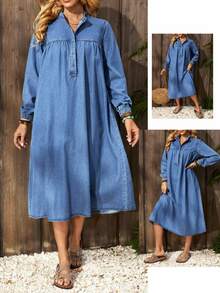 EMERY ROSE Women's Long Sleeve Button Half Placket Casual Loose Denim Dress Winter New Year - Medium Wash - View 1