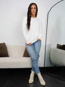 SAYEHFBABY 1 pièce Pull à col rond à manches longues doublé thermique confortable pour femmes, pull épais et chaud tricoté pour l'automne/l'hiver - Blanc - Voir 1
