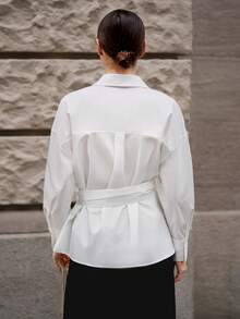 Ontre 简约舒适都市时尚风格，宽松版型，系带前襟，长袖，象牙白，女士衬衫，女士上衣，四季皆宜，适合返校、商务休闲、通勤等场合，2026春夏新品 - 白色 - 查看 9