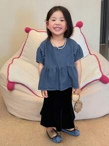 DAZY Toddler Girls' Round Neck Casual Ruffle Hem Washed Loose Short Sleeve Denim