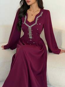 Al Najma Women's Elegant Arabic Style A-Line Dress With Long Sleeves, Cinching Waist And Rhinestone Decor, Suitable For Autumn - Purple - View 4