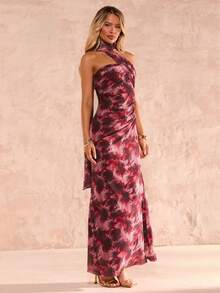 Glamine 网纱印花露背优雅度假风显瘦腰身女士中长连衣裙 - 黑色 - 查看 6