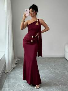 SHEIN Elenzya Đầm đuôi cá ôm sát, thanh lịch, gợi cảm, vai lệch, sang trọng - Màu Đỏ Sâu - Xem 7