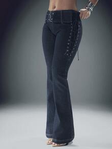 Denimoi Women's Fashion Versatile Commuting Flare Jeans With Eyelet Lace-Up Design