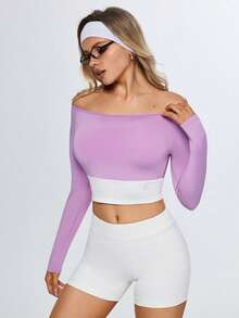 Eassivo Eassivo Damen Lässiges Kontrast Farbiges Off-Shoulder Langarm Sport T-Shirt - Violett - Übersicht 5
