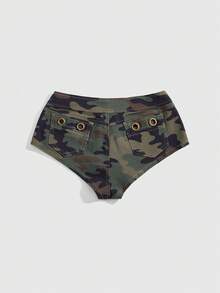 ROMWE J-Fashion Quần short denim nữ cạp siêu ngắn kiểu vintage Y2K họa tiết rằn ri, trang trí khuy kim loại. - xanh quân đội - Xem 2