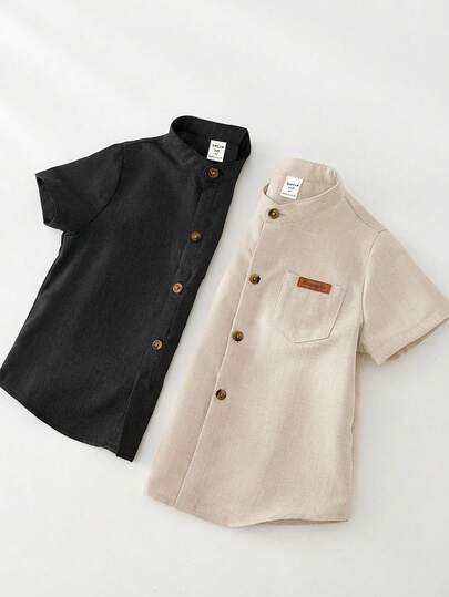 SHEIN 2 piezas Conjunto de camisa de manga corta con cuello mao de unicolor básico para niño, adecuado para fiesta de cumpleaños, fiesta de noche, actuación, boda, baby shower, celebración del 1er cumpleaños