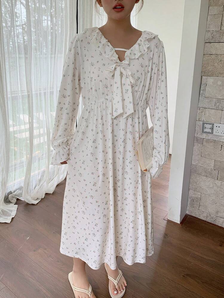 Dazy Plus Plus Size Women Ditsy Floral Elastic Fitted Long Nightgown, Comfortable Home Dress For Spring & Autumn
