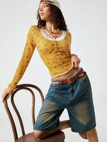 SoleilVie 女士新款波西米亚风蕾丝圆领碎花修身长袖上衣，适合购物、旅行和休闲穿着。女士可爱上衣，乡村风女装上衣，S码女式牛仔上衣。 - 黃色 - 查看 3