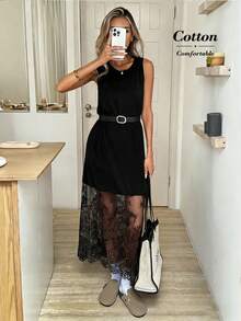 Easowa Women's Contrast Lace Round Neck Sleeveless Elegant Mid-Length Dress Cotton Dress Black Dress Elegant Dress For Women Birthday Dresses For Women New Year's Outfit For Women Solid Color Crew Neck Short Sleeve Loose Casual Lace Dress, Suitable For Outings And Commuting Airport Outfit Women Old Money Dress Going Out Dress Teacher Outfits Dresses For Women Elegant Lace Black Dress Black Summer Dress Women French Style Dress Black Sleeveless Dress Black Dress Casual - Black - View 2