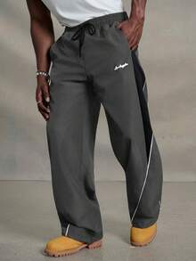 PAVTROS Pantaloni sport casual pentru bărbați, cu șiret, color block, croială lejeră, lungi, negri, cu model patchwork, pentru toamnă