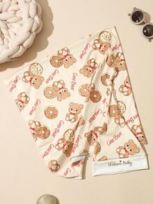 SHEIN Set de 2 piezas Manta de envoltura para fotografía de bebé recién nacido con gorro a juego, con estampado de oso y dona para sesión de fotos de recién nacido, accesorios de fotografía