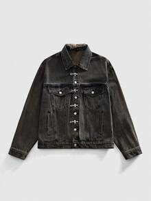 ROMWE MEN Street Life Men's Casual Retro Airplane Buckle Collar Denim Jacket - Black - View 9