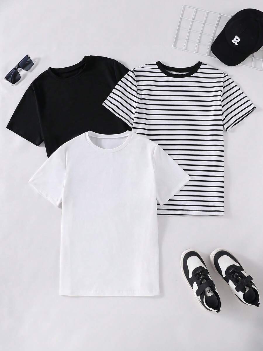 3pcs/Set Teenage Boys' Casual All-Match Versatile Short Sleeve T-Shirts, Suitable For Daily Commute, Leisure, And School Wear - Black and White - View 1