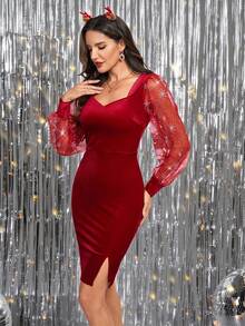 Ellevyn 女士针织弹力修身心形领灯笼袖优雅日常穿着秋冬连衣裙，适合圣诞节、节日派对 - 紅色 - 查看 7