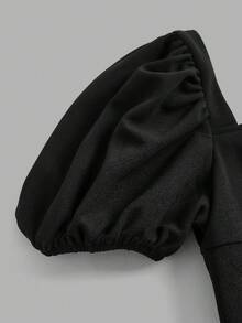 Firerie Kids Đầm vải xếp ly ôm dáng, cổ vuông, tay phồng, gấu váy, dành cho bé gái tuổi teen, thích hợp mặc đi làm hàng ngày. - Đen và trắng - Xem 4