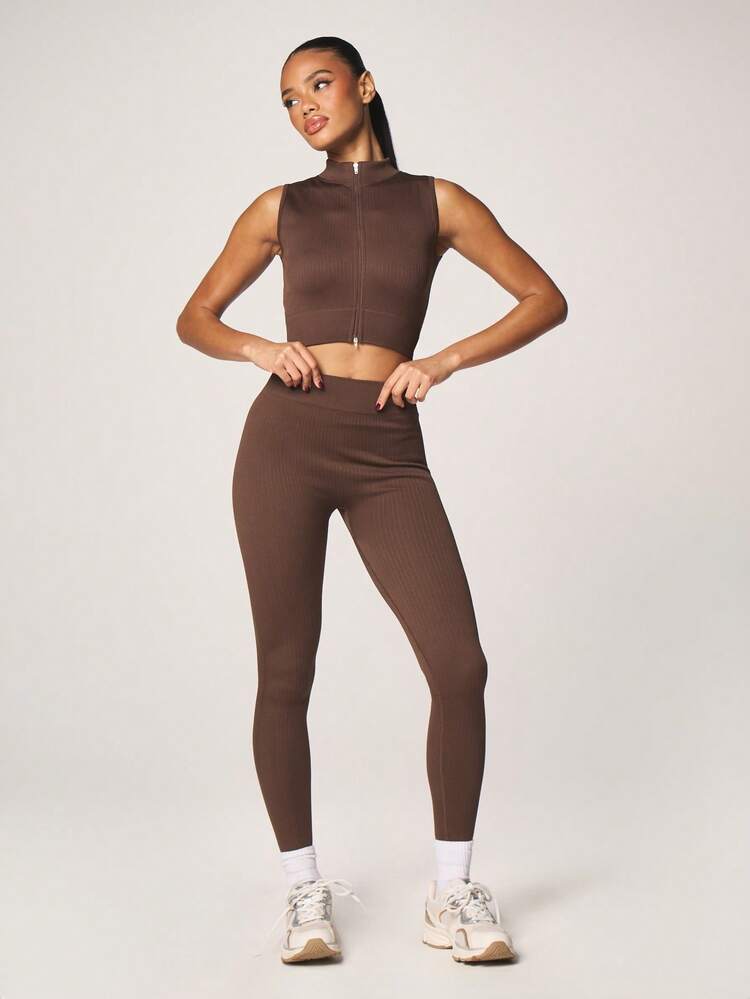 MISSGUIDED Ribbed Zip Up Crop Top With High Waisted Seamless Leggings Two Piece Set Matching Workout Outfit Fall Winter Activewear