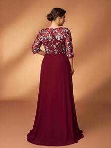 Serin Abito elegante e romantico in vino rosso con maniche a 3/4, in chiffon di lusso con perline e vita arricciata a vita, adatto per matrimoni, feste, celebrazioni, abiti da sera formali, madre della sposa - Bordò - Visualizzare 4
