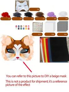 DIY猫脸面具制作套装，含毛毡，手工风格动物设计彩色装扮面具套装，适用于万圣节服装、狂欢节派对、角色扮演和节日（DIY工艺套装，万圣节服装配饰） - 彩色 - 查看 8