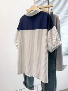GlowEve CURVE Große Größen Gestreifte Lässig Bluse mit Farbblock für Damen, geeignet für Boho-Urlaub, Dates, Pendeln, Büromode, Ausgehen - Weiss - Übersicht 2